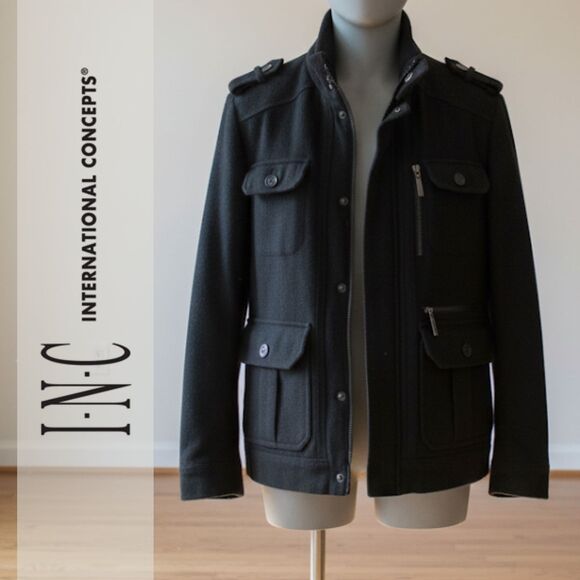INC International Concepts I Men's Medium I Wool Military Bomber Jacket I Black - Picture 1 of 7